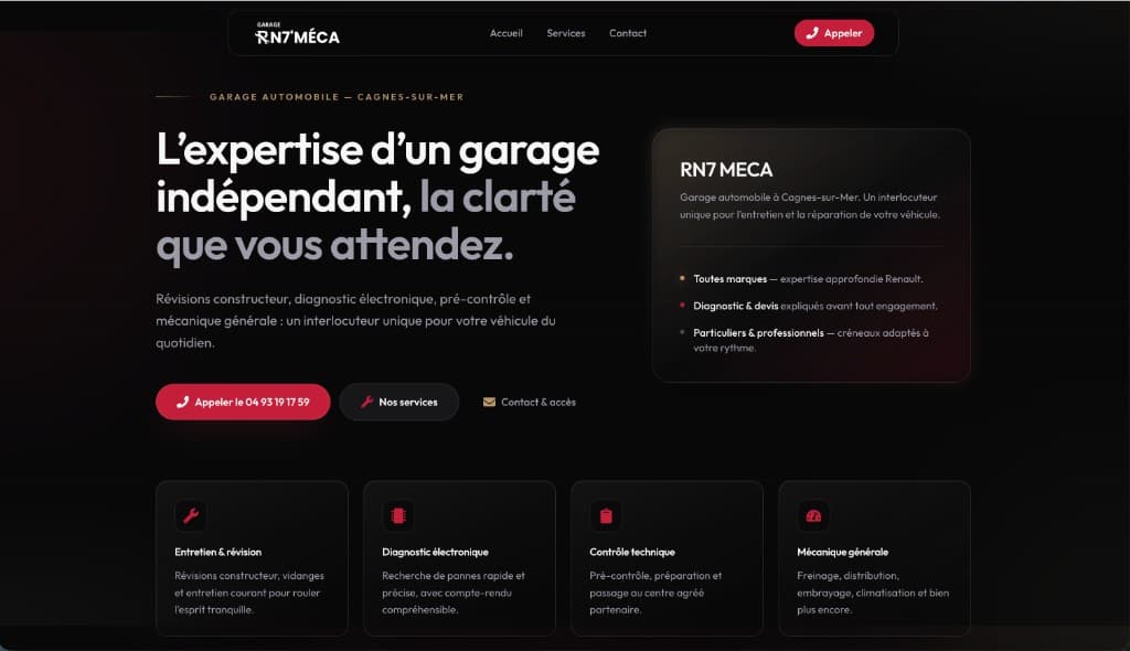 RN7'MÉCA — site vitrine garage automobile à Cagnes-sur-Mer